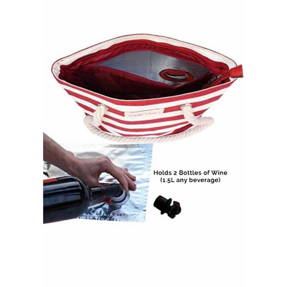 PortoVino Beach Wine Tote Red White Stripe Bag W/ Hidden Insulated Compartment - Picture 2 of 13